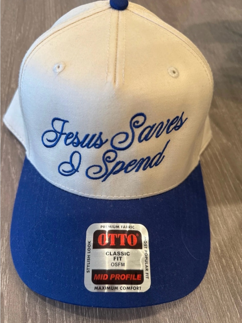 OTTO Beige and Blue Embroidered "Jesus Saves I Spend" Snapback Hat